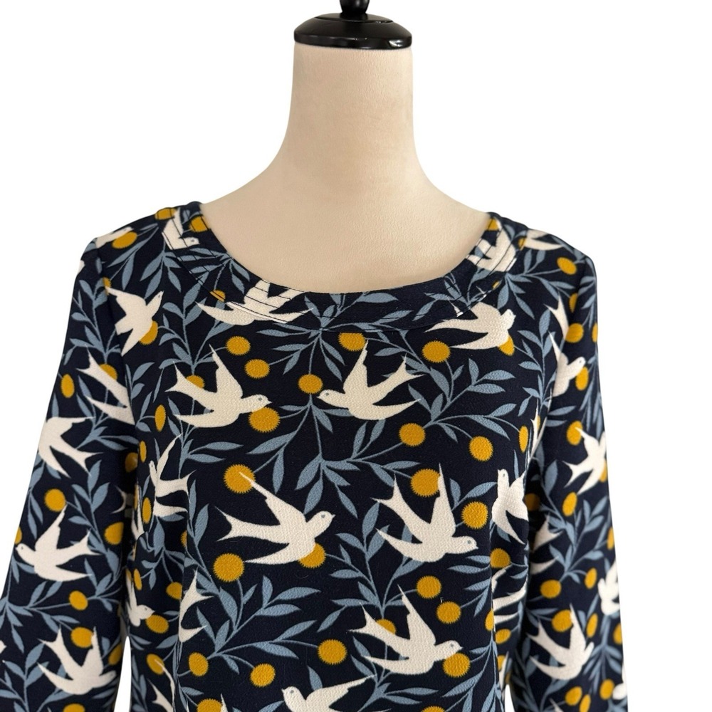 Boden Alda Bird Print‎ Navy Blue Relaxed Fit Shift Dress Size 8L 8 Tall